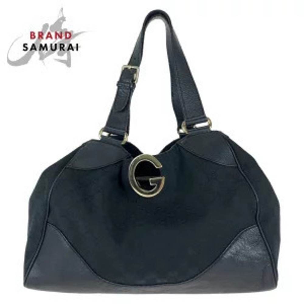 Gucci black GG canvas leather tote bag shoulder